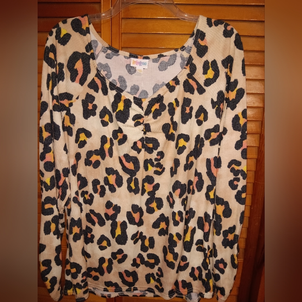LuLaRoe Beige Leopard Print Long Sleeve Top with Black, Pink & Yellow Accents